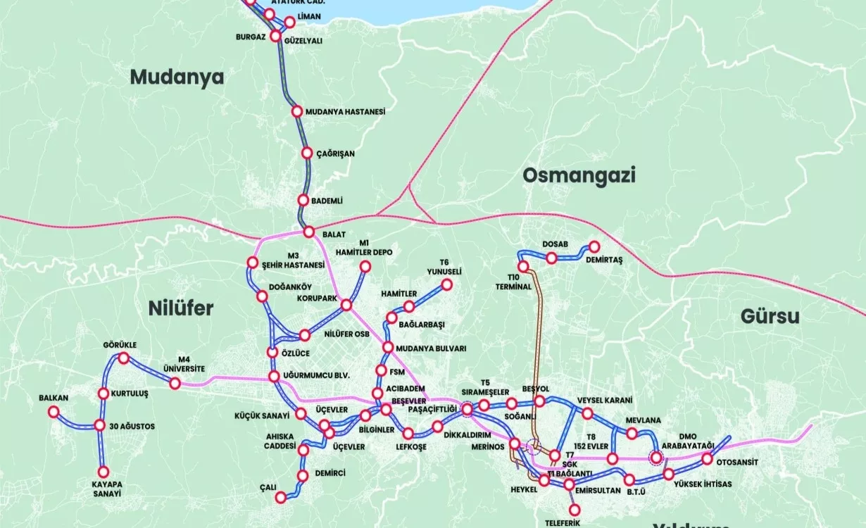 Mustafa Bozbey - Bursa Raylı Sistemler Haritası - Yeni Metro Hattı Toplam 47 km
Yeni Tramvay Hattı Toplam 47 km
Yeni Füniküler Hattı Toplam 2 km
Yeni Metrobüs Hattı Toplam 12.6 km