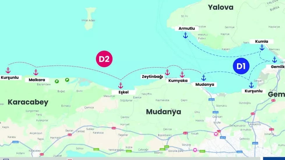 Mustafa Bozbey - Körfez İçi Deniz Ulaşımı D1-D2 - D1Mudanya, Kurşunlu, Gemlik, Kumla, ArmutluD2Mudanya, Kumyaka, Zeytinbağı, Eşkel,Karacabey Malkara, Karacabey Kurşunlu 