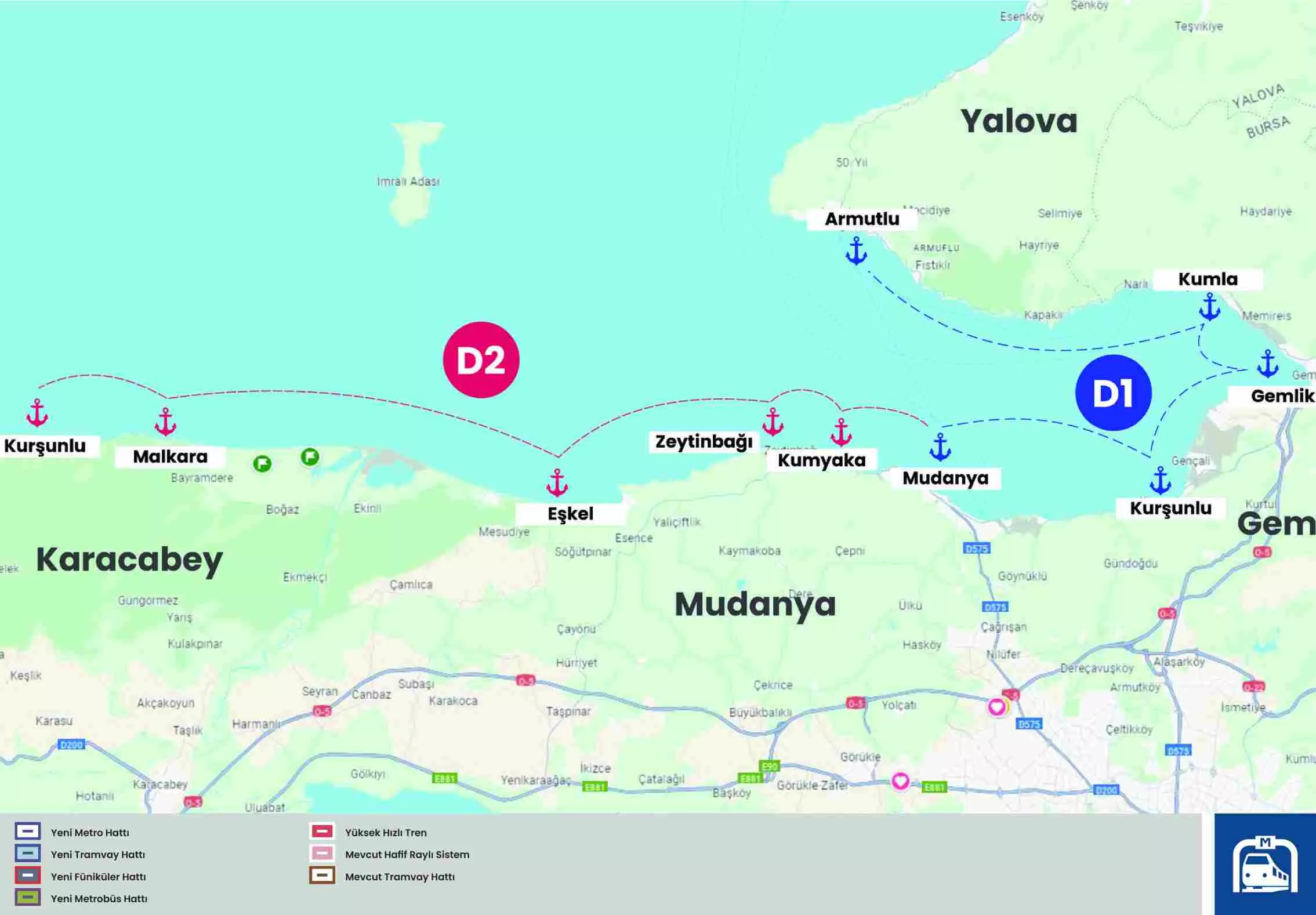 Mustafa Bozbey - Körfez İçi Deniz Ulaşımı D1-D2 - D1Mudanya, Kurşunlu, Gemlik, Kumla, ArmutluD2Mudanya, Kumyaka, Zeytinbağı, Eşkel,Karacabey Malkara, Karacabey Kurşunlu 