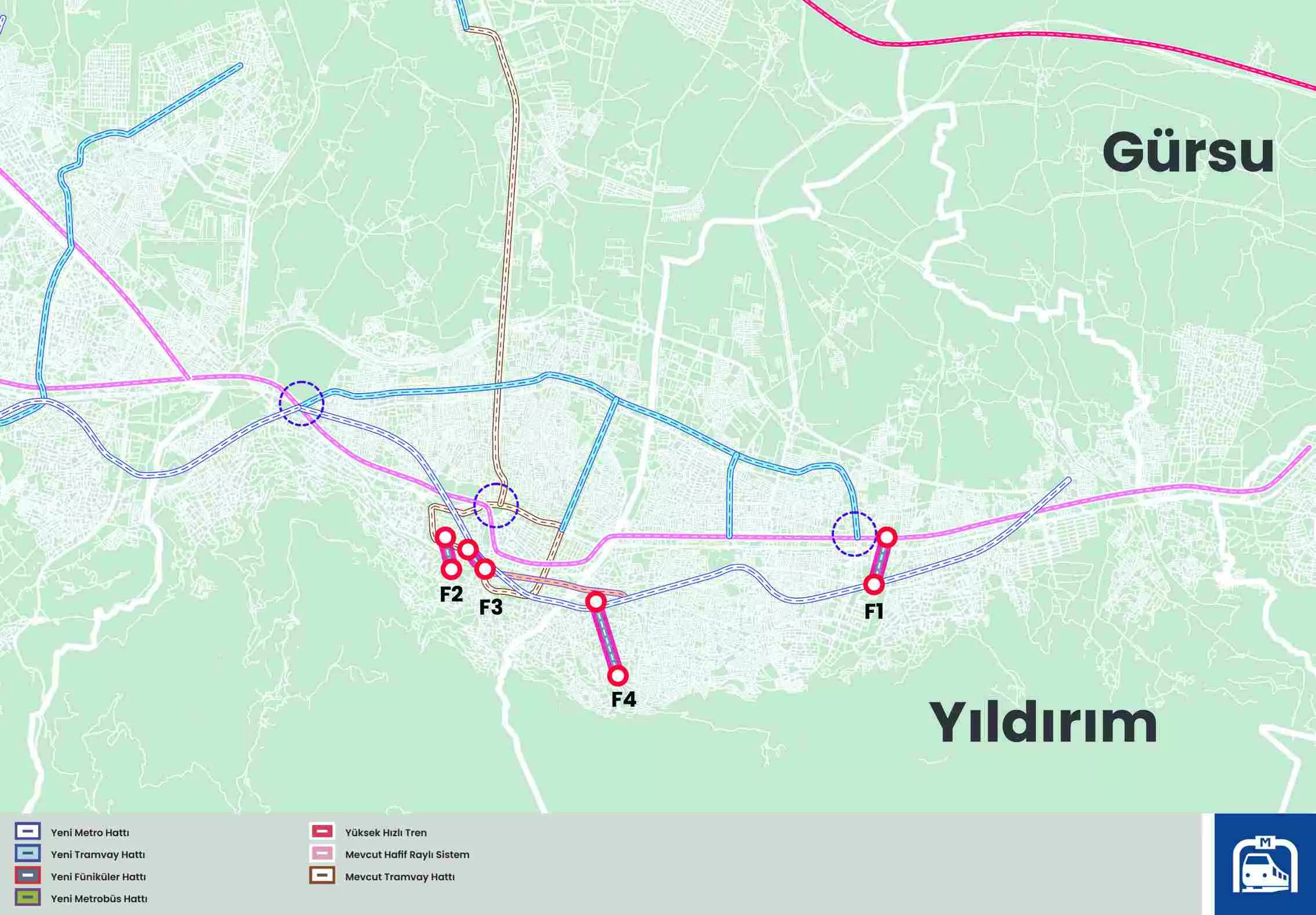 Mustafa Bozbey - Füniküler Hattı F1 - F2 - F3- F4 - F1 - Arabayatağı, MimarsinanF2 - Altıparmak, Millet HastanesiF3 - Arap Şükrü, TophaneF4 - Emirsultan, Teleferik