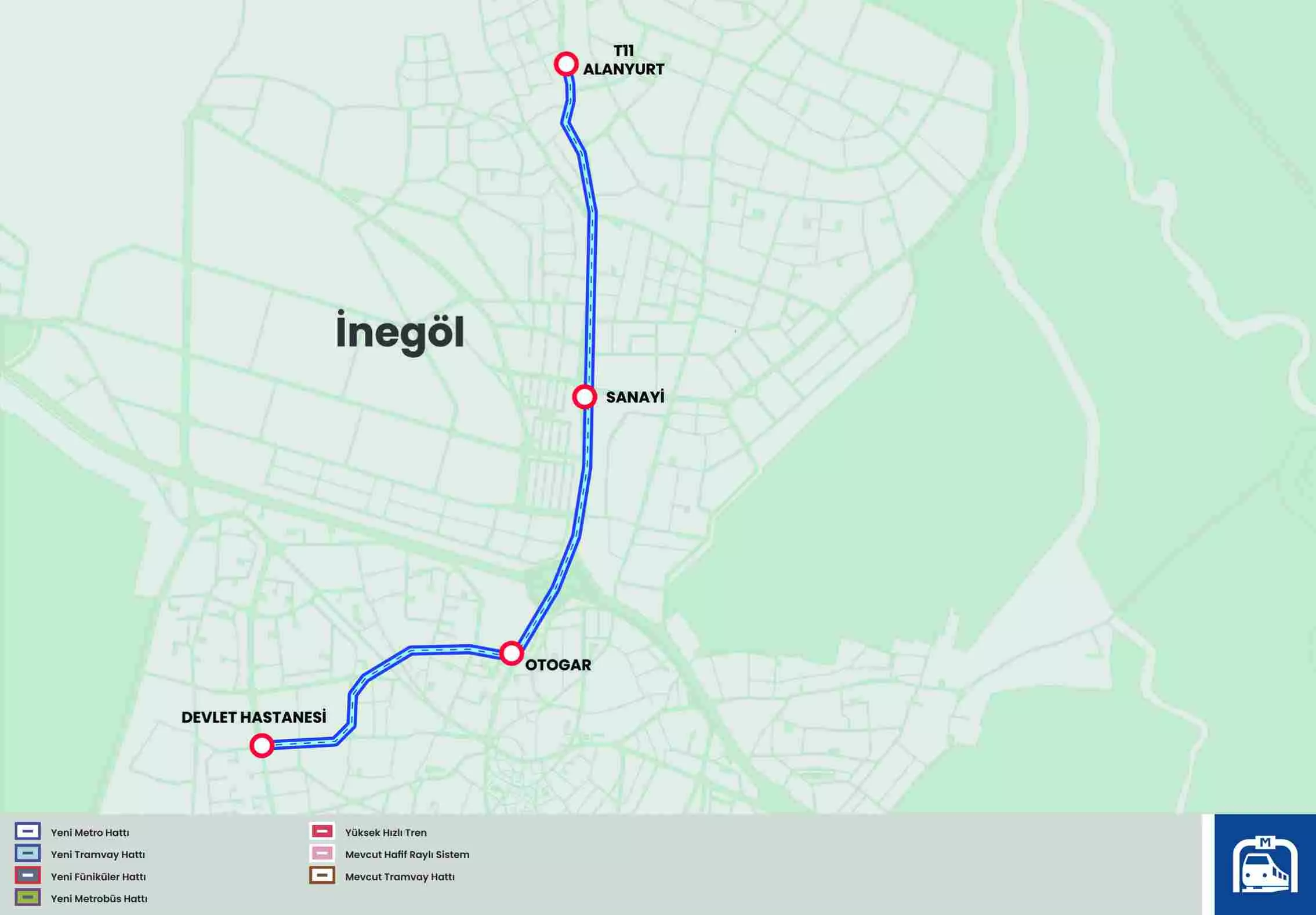 Mustafa Bozbey - Tramvay Hattı T11 (4,5 km) - İnegöl, Devlet Hastanesi, Otogar, Sanayi, Alanyurt