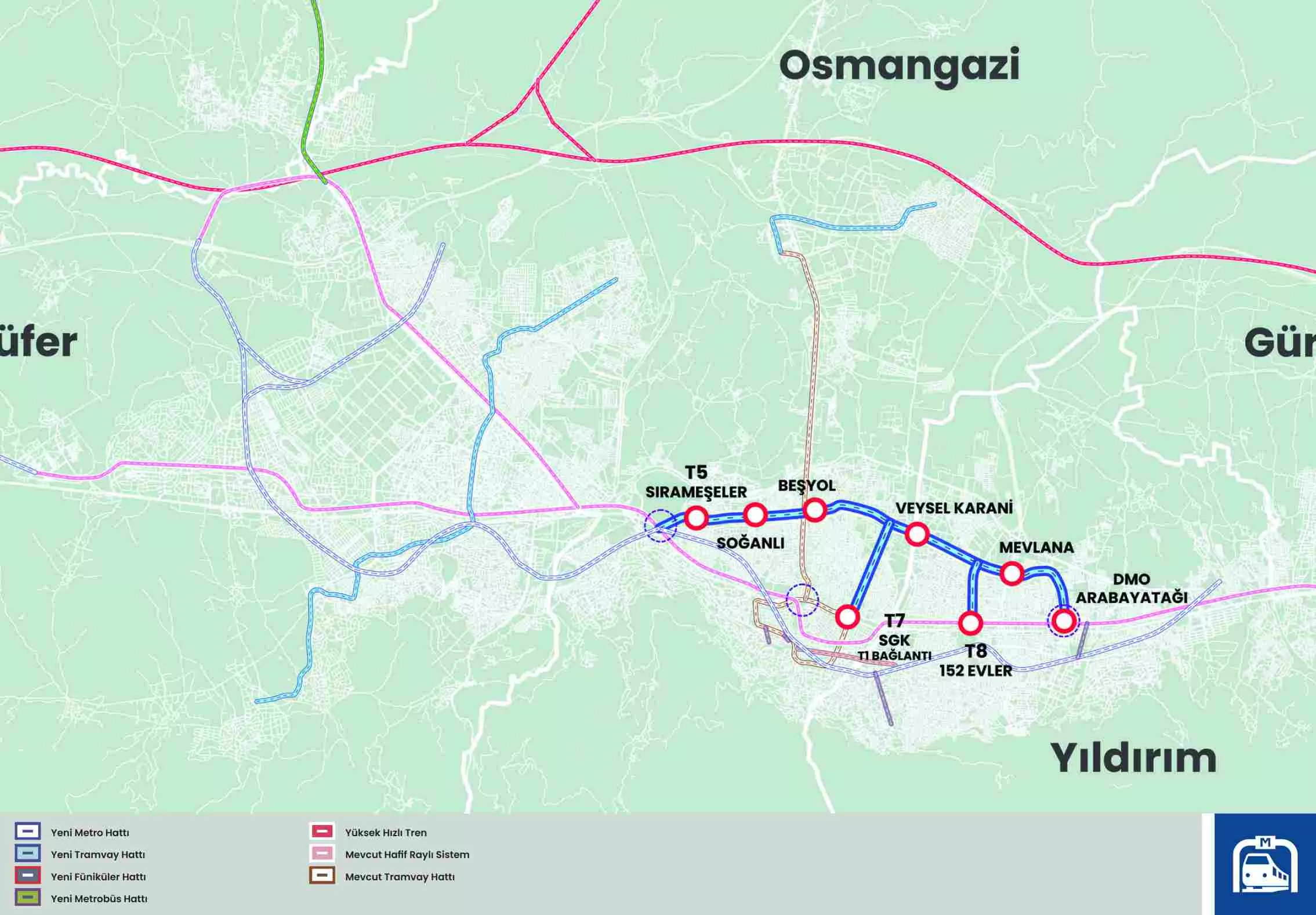 Mustafa Bozbey - Tramvay Hattı T5 (10 km) T7 (2 km) T8 (1,3 km) - T5 - Sırameşeler, Alemdar, Soğanlı, Kanalboyu, Fatih, Beşyol, Yeşilova, Küçükbalıklı, Veysel Karani, Millet, Yunus Emre, Yıldırım Spor Tesisleri, Mevlana, Ulus, Hacı Hasan Camii, Arabayatağı Depo T7 - Veysel Karani, SGK (T1 bağlantı) T8 - Yunus Emre, 152 Evler