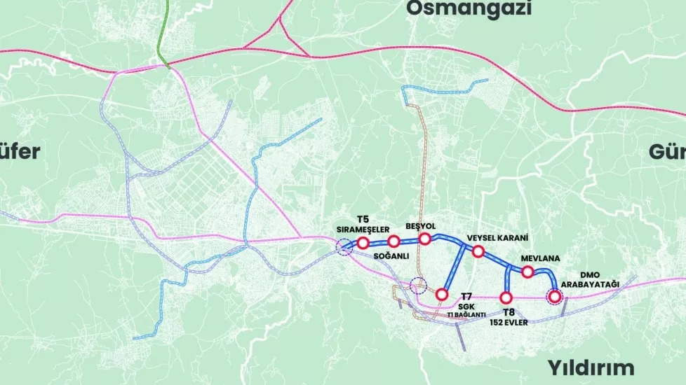 Mustafa Bozbey - Tramvay Hattı T5 (10 km) T7 (2 km) T8 (1,3 km) - T5 - Sırameşeler, Alemdar, Soğanlı, Kanalboyu, Fatih, Beşyol, Yeşilova, Küçükbalıklı, Veysel Karani, Millet, Yunus Emre, Yıldırım Spor Tesisleri, Mevlana, Ulus, Hacı Hasan Camii, Arabayatağı Depo T7 - Veysel Karani, SGK (T1 bağlantı) T8 - Yunus Emre, 152 Evler