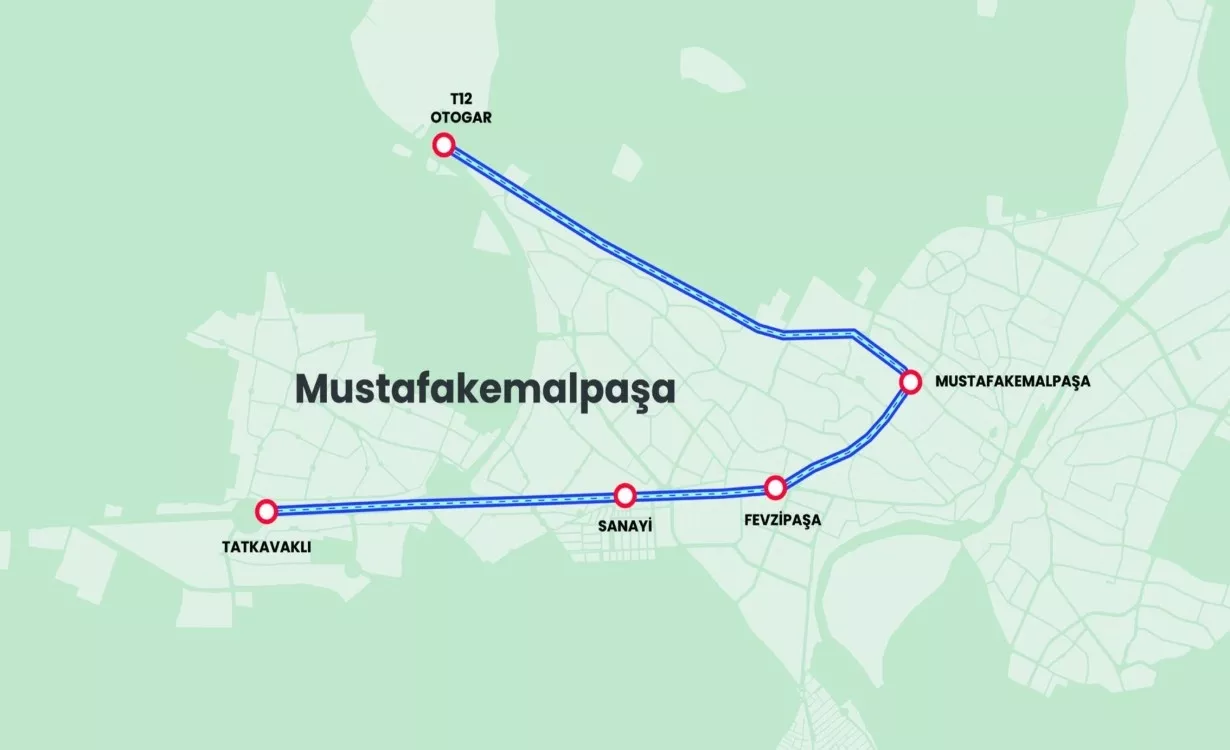 Mustafa Bozbey - Tramvay Hattı T12 (7 km) - Otogar, Mustafakemalpaşa, Fevzi Paşa, Sanayi, Tatkavaklı